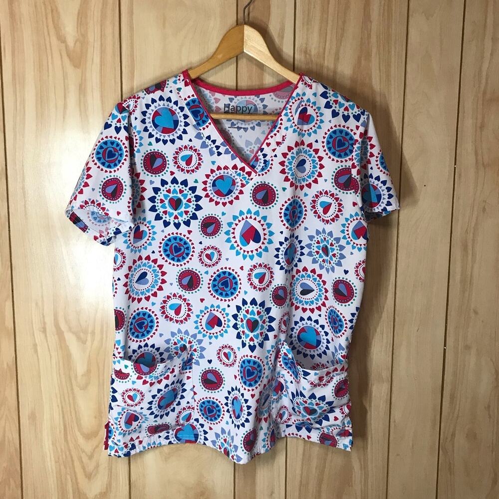 Happy Scrubs Heart Theme V-Neck Short Sleeve Top L